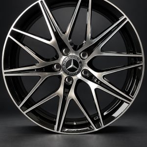 18-inch Mercedes AMG alloy wheel with black and silver split-spoke design, 5x112 bolt pattern and ET45 offset